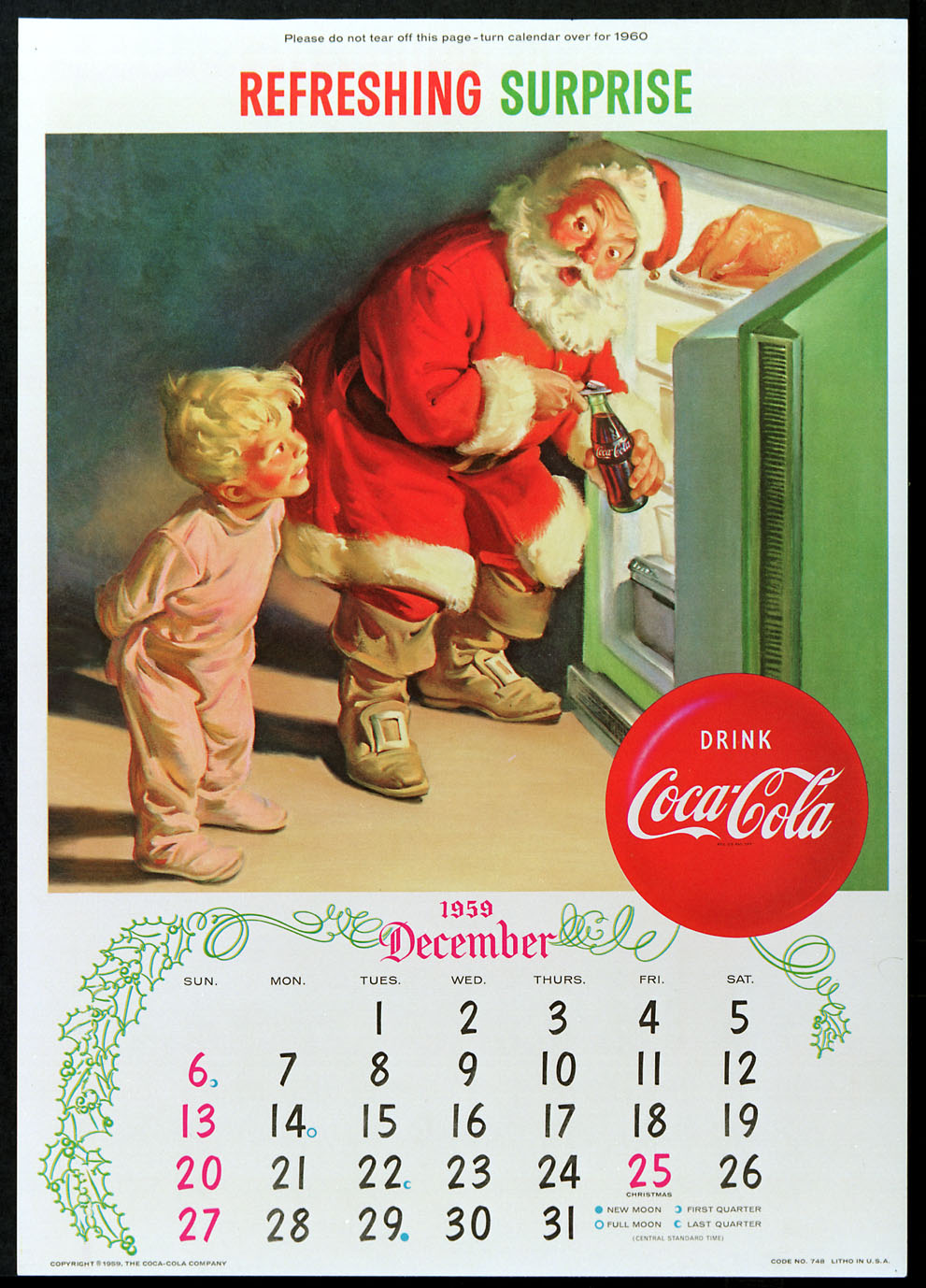 Coca-Cola Santa Claus Refreshing Surprise 1959 calendar Метки.